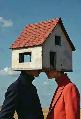 Collage of house on top of person's head